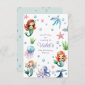 海の水の色のマーメイド誕生日パーティーの下 サンキューカード (正面/裏面)