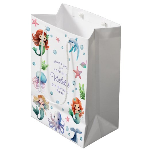 海の水の色のマーメイド誕生日パーティーの下 ミディアムペーパーバッグ (正面アングル)