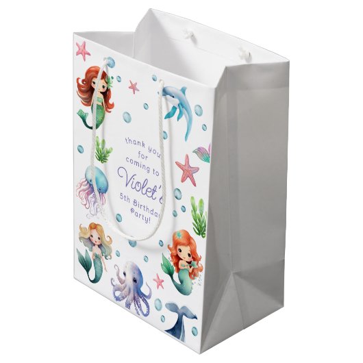 海の水の色のマーメイド誕生日パーティーの下 ミディアムペーパーバッグ (裏面アングル)