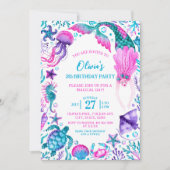 海の水の色のマーメイド誕生日パーティーの下 招待状 (正面)