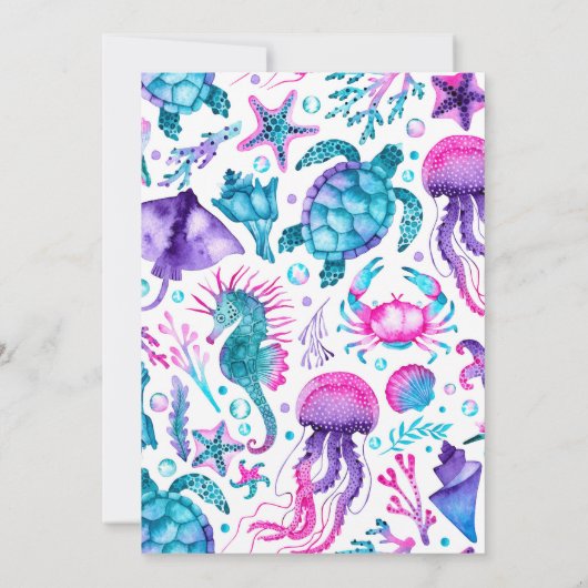 海の水の色のマーメイド誕生日パーティーの下 招待状 (裏面)