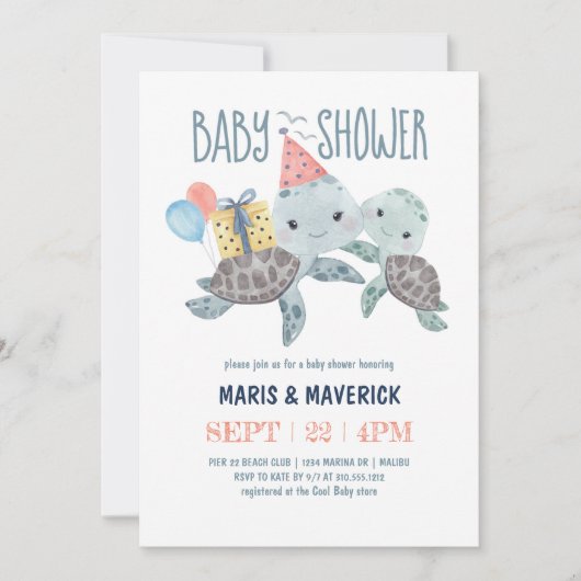 海の水の色の下でウミガメの赤ちゃんシャワー 招待状 (正面)