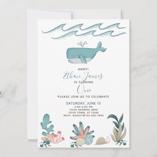海の水の色の下でクジラの最初の誕生日スクリプト 招待状 (正面)