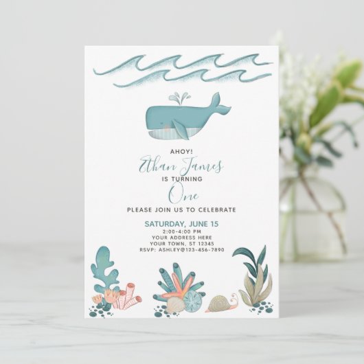 海の水の色の下でクジラの最初の誕生日スクリプト 招待状 (スタンド正面)