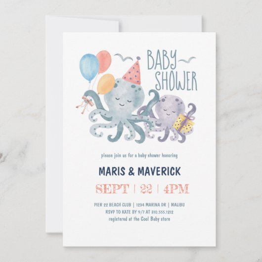 海の水の色の下でタコの赤ちゃんシャワー 招待状 (正面)