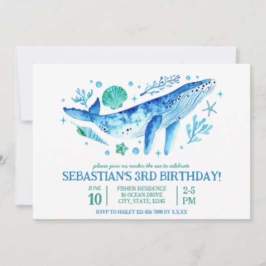 海の水の色の下でブルークジラの3番目の誕生日 招待状 (正面)