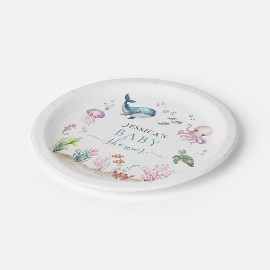 海の水の色の下で動物の海の赤ちゃんシャワー ペーパープレート (アングル)