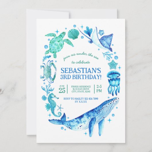海の水の色の下で海の生き物の青 招待状 (正面)