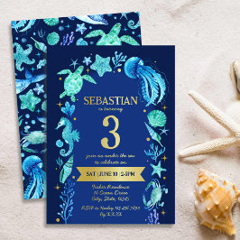 海の水の色の下で海の生命ネイビーブルー 箔招待状
