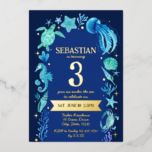 海の水の色の下で海の生命ネイビーブルー 箔招待状 (正面)