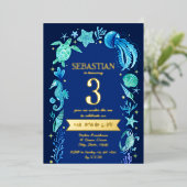 海の水の色の下で海の生命ネイビーブルー 箔招待状 (立ち正面)