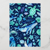 海の水の色の下で海の生命ネイビーブルー 箔招待状 (裏面)