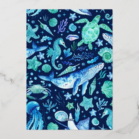 海の水の色の下で海の生命ネイビーブルー 箔招待状 (裏面)