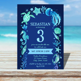 海の水の色の下で海動物ネイビーブルー 招待状
