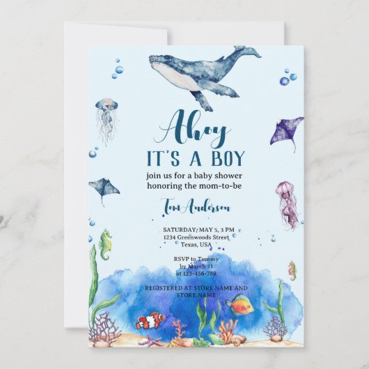 海の水の色の下で男の子のための青い赤ちゃんシャワー 招待状 (正面)