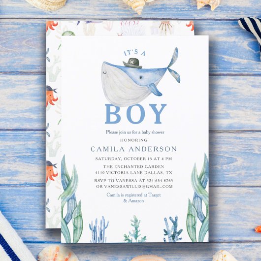 海の水の色の下で男の子の赤ちゃんシャワー 招待状