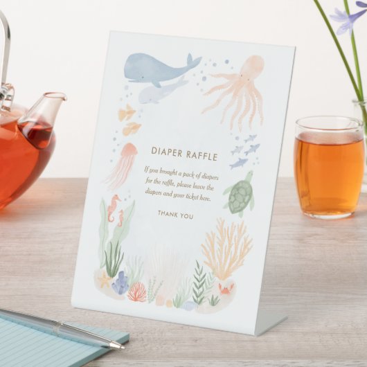 海の水の色の下で赤ちゃんシャワーおむつラッフル 台座サイン