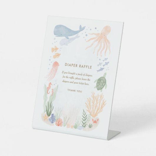 海の水の色の下で赤ちゃんシャワーおむつラッフル 台座サイン (正面)