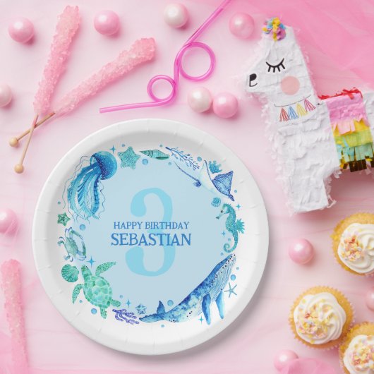 海の水の色の下で青い3番目の誕生日 ペーパープレート (パーティー)