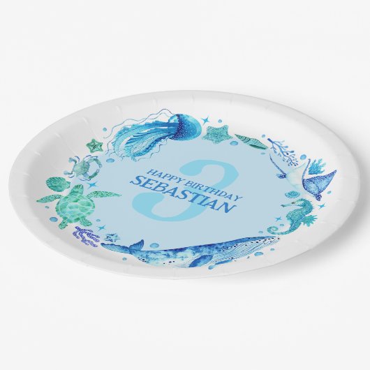 海の水の色の下で青い3番目の誕生日 ペーパープレート (アングル)