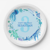 海の水の色の下で青い3番目の誕生日 ペーパープレート (正面)