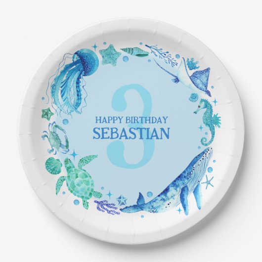 海の水の色の下で青い3番目の誕生日 ペーパープレート (正面)