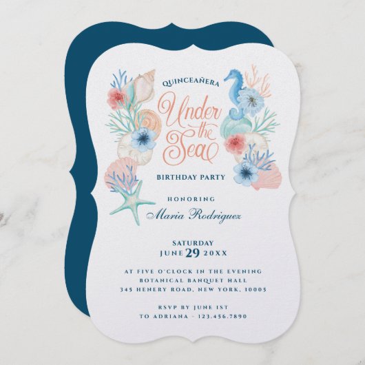 海の水の色の下にシーシェルQuinceaenera 招待状 (正面/裏面)