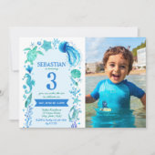 海の水の色の下の海の生活の誕生日写真 招待状 (正面)