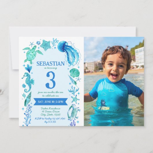 海の水の色の下の海の生活の誕生日写真 招待状 (正面)