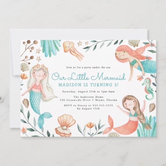 海の水の色の人魚の誕生日パーティーの下 招待状 (正面)