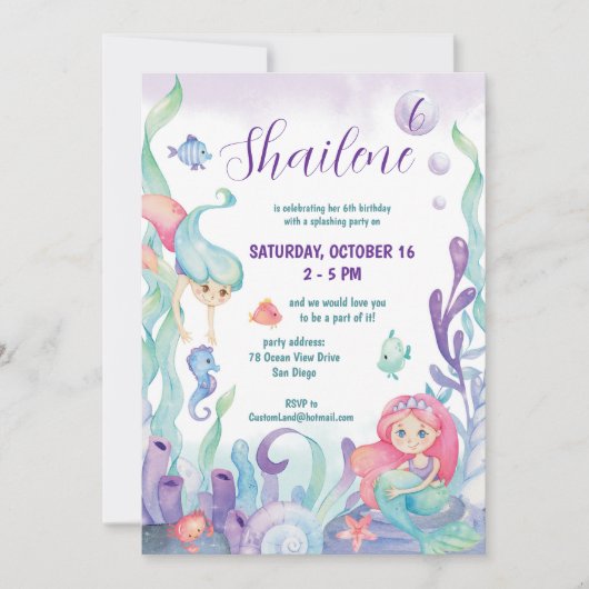 海の水の色の人魚の誕生日パーティーの下 招待状 (正面)