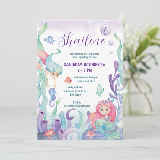 海の水の色の人魚の誕生日パーティーの下 招待状 (スタンド正面)
