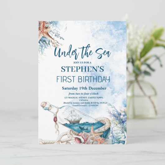 海の水の色の子供たち1th誕生日パーティーの下 招待状 (スタンド正面)