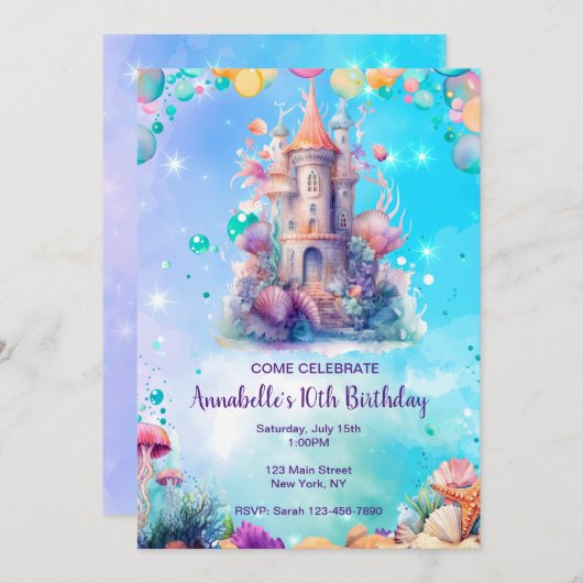 海の水の色の子供の誕生日の招待の下 招待状 (正面/裏面)