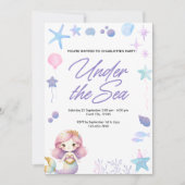 海の水の色の誕生日パーティーの下の人魚 招待状 (正面)