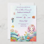 海の水の色の誕生日パーティーの下の人魚 招待状 (正面)