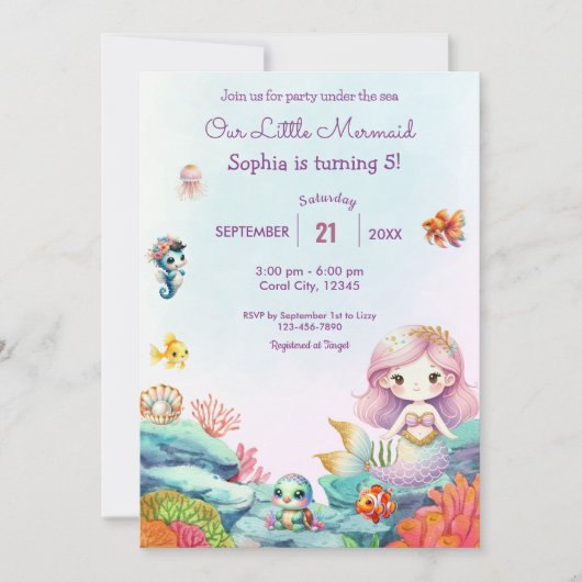 海の水の色の誕生日パーティーの下の人魚 招待状 (正面)