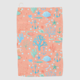 海の水の色コーラルピンクの下 ゴルフタオル