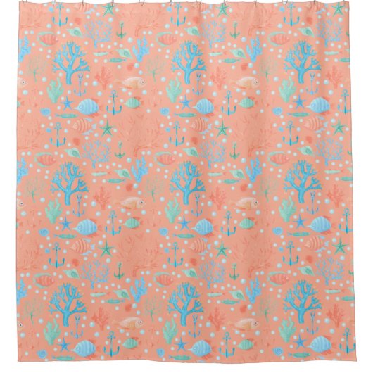 海の水の色コーラルピンクの下 シャワーカーテン (正面)