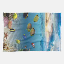 海の水中珊瑚礁の熱帯魚 キッチンタオル