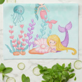 海の水彩下の人魚とクラゲ キッチンタオル (折り畳み)