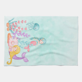 海の水彩下の人魚とクラゲ キッチンタオル