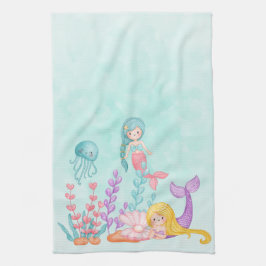 海の水彩下の人魚とクラゲ キッチンタオル