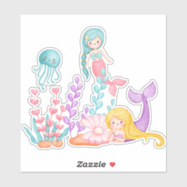 海の水彩下の人魚とクラゲ シール