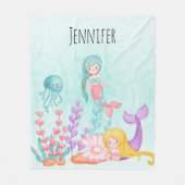 海の水彩下の人魚とクラゲ フリースブランケット (正面)