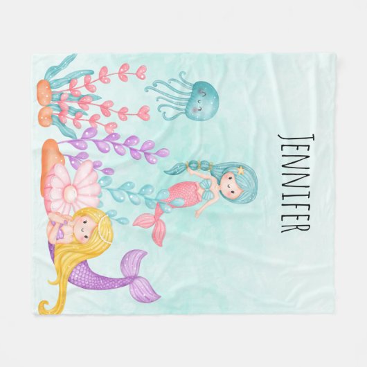海の水彩下の人魚とクラゲ フリースブランケット (正面(横))