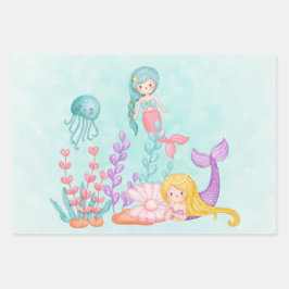 海の水彩下の人魚とクラゲ ラッピングペーパーシート