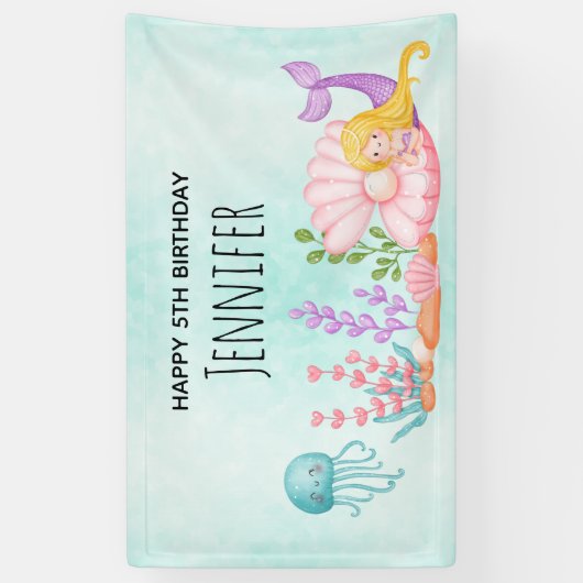 海の水彩下の人魚とクラゲ 横断幕 (縦)