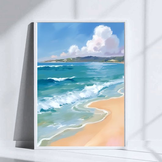 海の水彩波 青い海の海岸の絵 ポスター