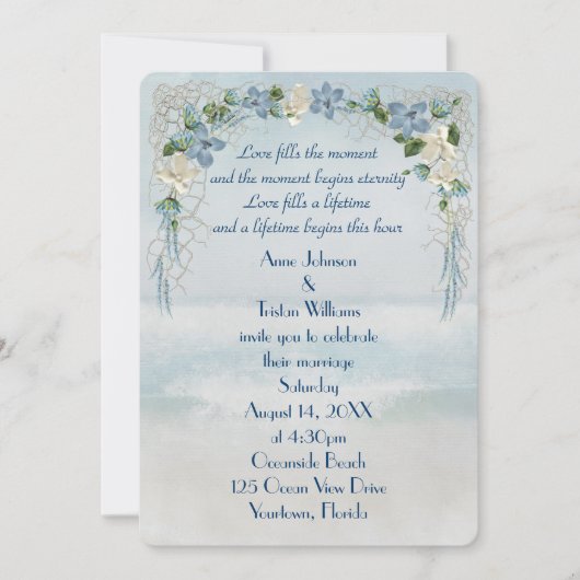 海の水彩画に咲くウェディングフラワーのアーチ 招待状 (正面)
